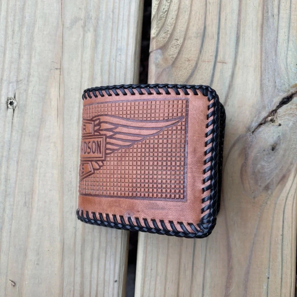 Harley Davidson Leather Wallet Whipstitch Hand Tooled Brown Genuine Bi Fold 90s